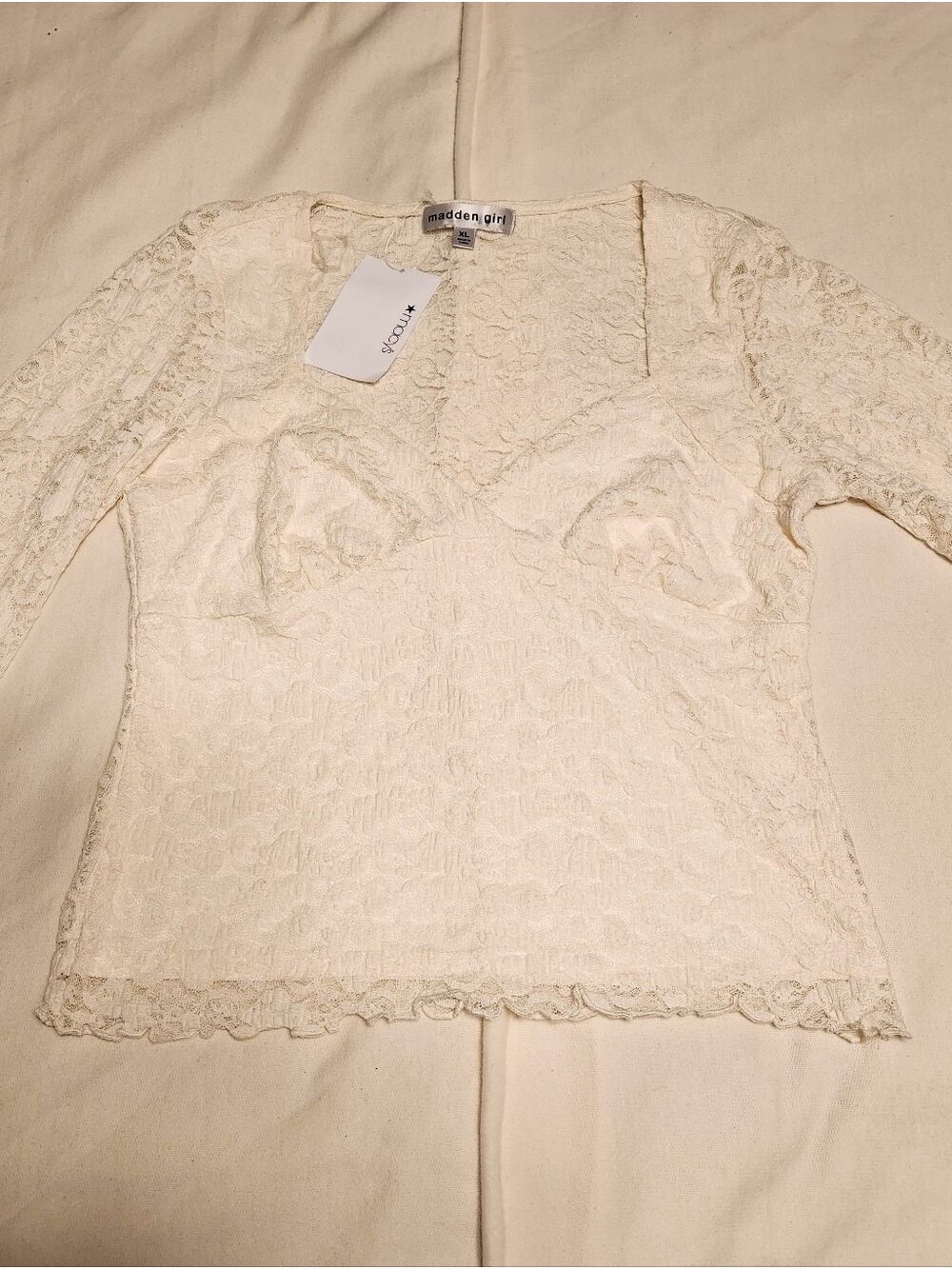 Madden Girl NEW Sheer Back Floral Lace Sweetheart Blouse Top Beige X-Large - Picture 5 of 8